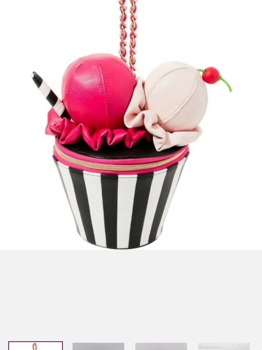 Betsey Johnson Black & White Striped Ice Cream Cup Crossbody with Pink Accents